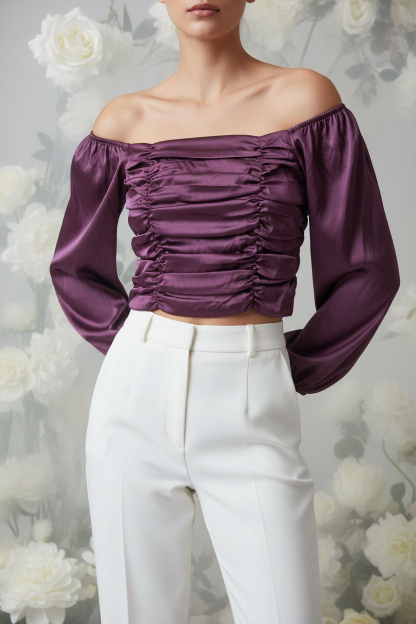 WINE COLOR OFF SHOULDER SATIN SILK TOP