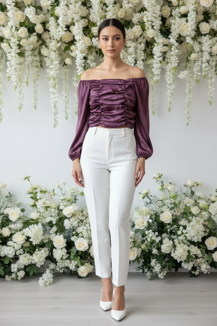 WINE COLOR OFF SHOULDER SATIN SILK TOP