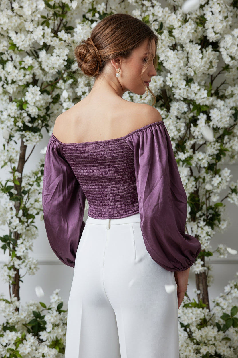 WINE COLOR OFF SHOULDER SATIN SILK TOP