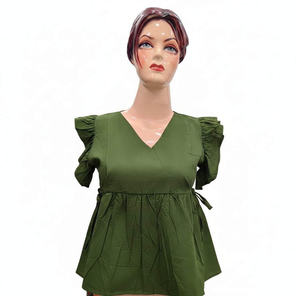 GREEN SHORT RUFFELE SLEEVES TOP