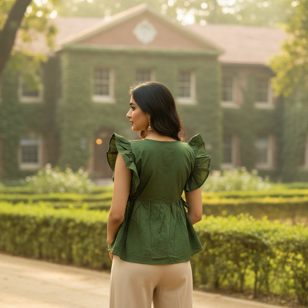 GREEN SHORT RUFFELE SLEEVES TOP