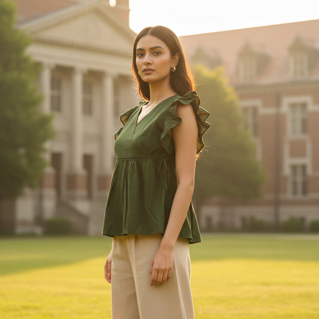 GREEN SHORT RUFFELE SLEEVES TOP