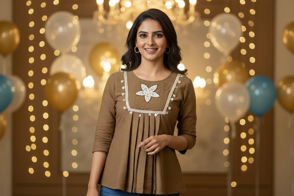 BROWN YOKE TOP