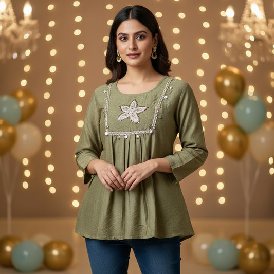 OLIVE GREEN YOKE TOP