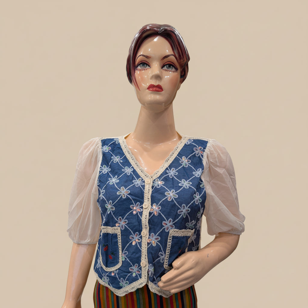 Vintage Bloom Embroidered Puff-Sleeve Top