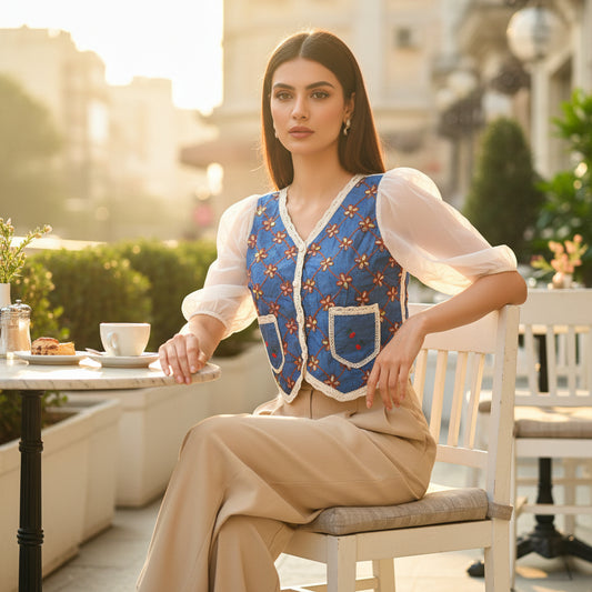 Vintage Bloom Embroidered Puff-Sleeve Top