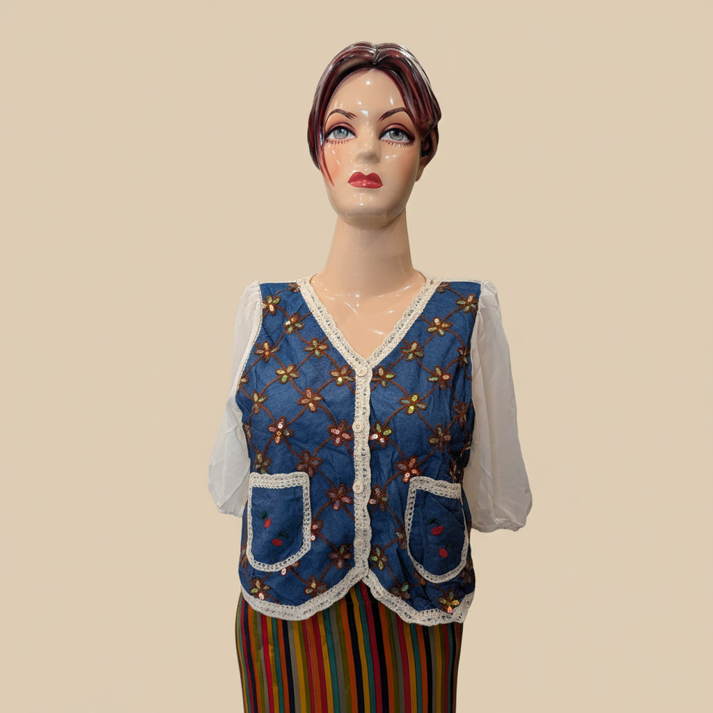 Vintage Bloom Embroidered Puff-Sleeve Top