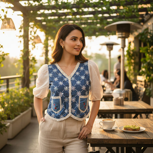 Vintage Bloom Embroidered Puff-Sleeve Top