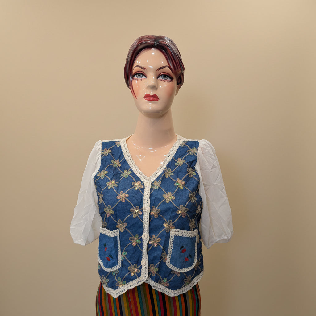 Vintage Bloom Embroidered Puff-Sleeve Top