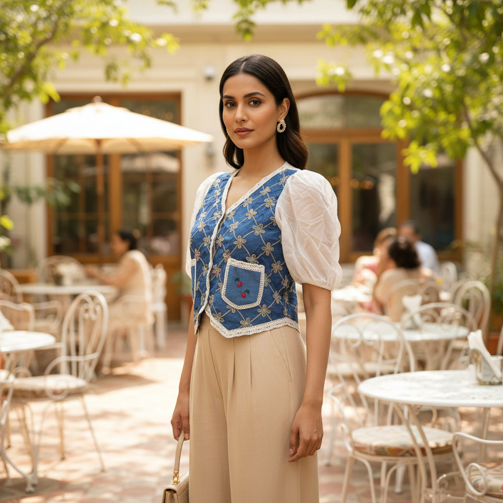 Vintage Bloom Embroidered Puff-Sleeve Top
