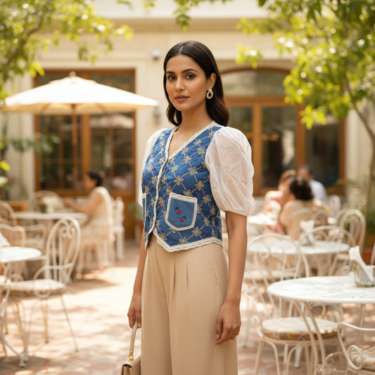 Vintage Bloom Embroidered Puff-Sleeve Top