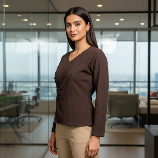 Dark Brown Side-Gathered V-Neck Top