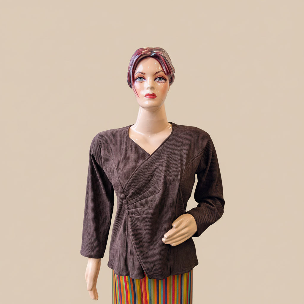 Dark Brown Side-Gathered V-Neck Top