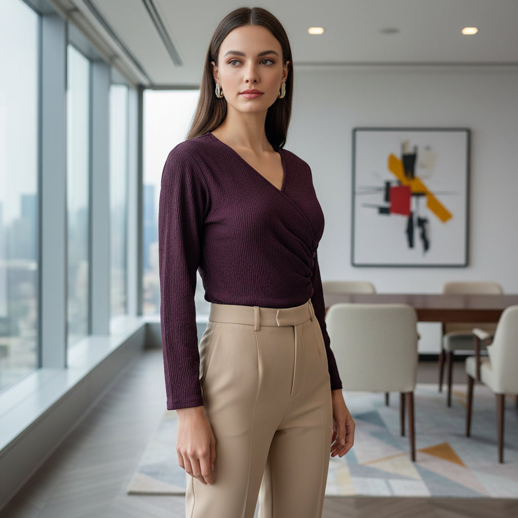 Plum Side-Gathered V-Neck Top