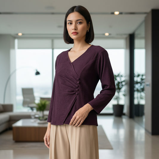 Plum Side-Gathered V-Neck Top