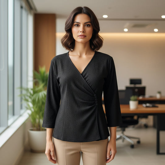 Black Side-Gathered V-Neck Top