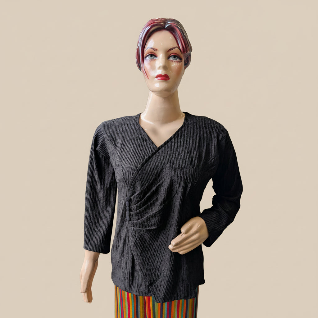 Black Side-Gathered V-Neck Top