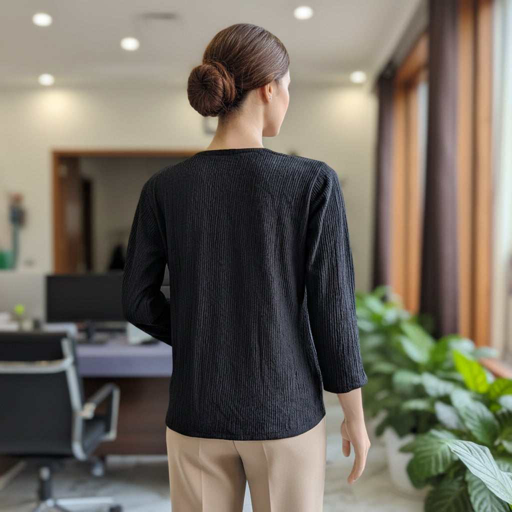 Black Side-Gathered V-Neck Top