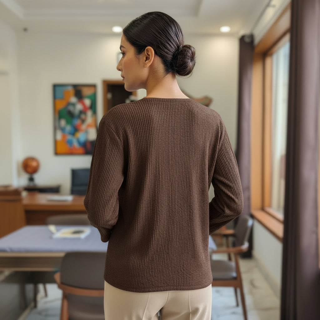Dark Brown Side-Gathered V-Neck Top