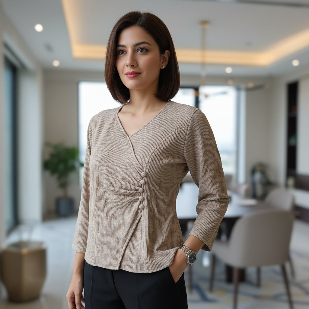 Light Beige-Grey Side-Gathered V-Neck Top