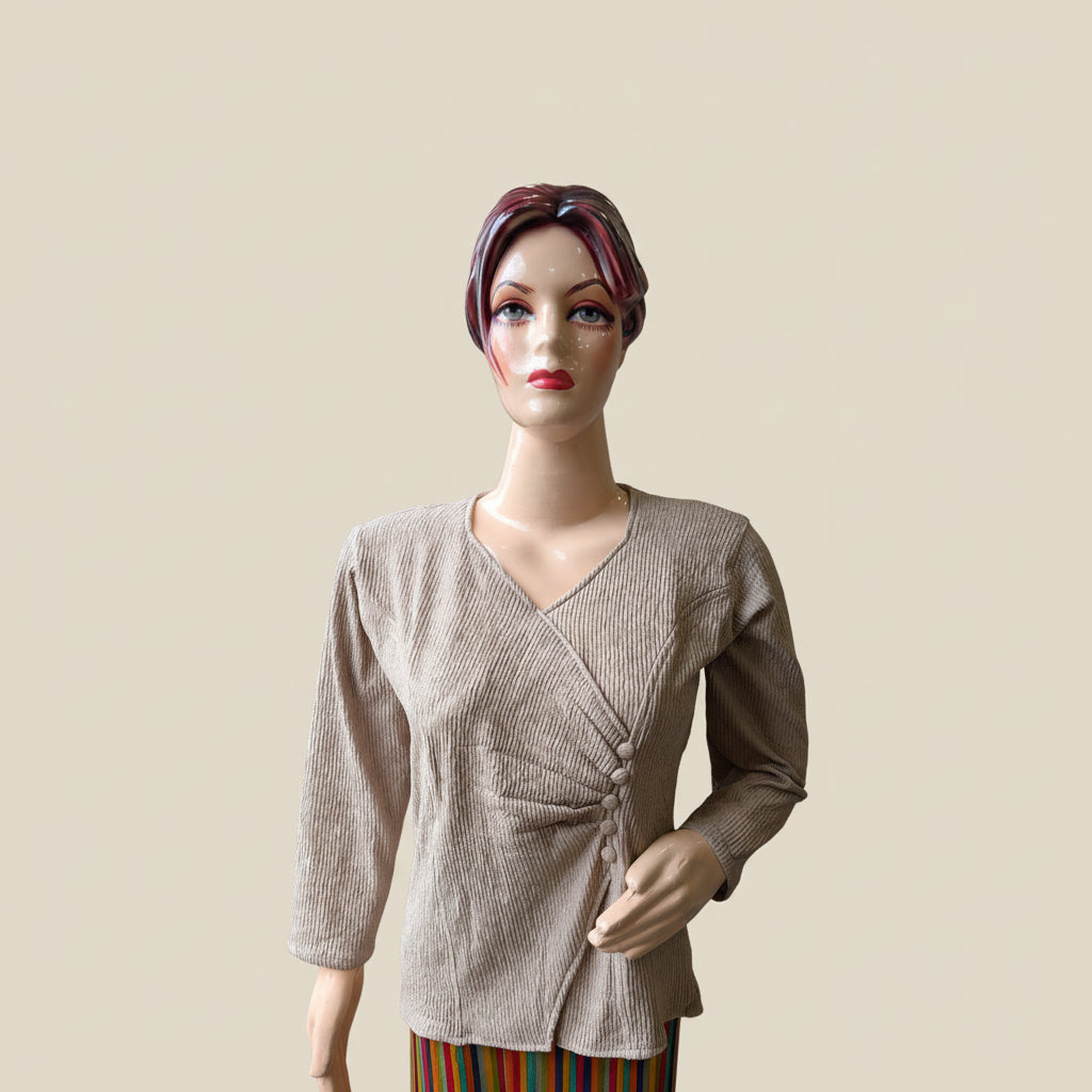 Light Beige-Grey Side-Gathered V-Neck Top