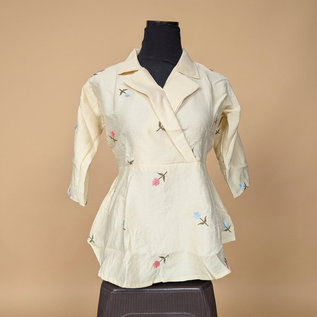 Butter Yellow Floral Embroidered Peplum Top