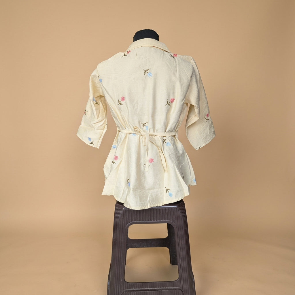Butter Yellow Floral Embroidered Peplum Top