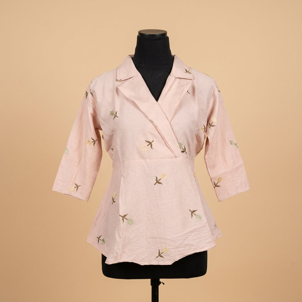 Peach Floral Embroidered Peplum Top