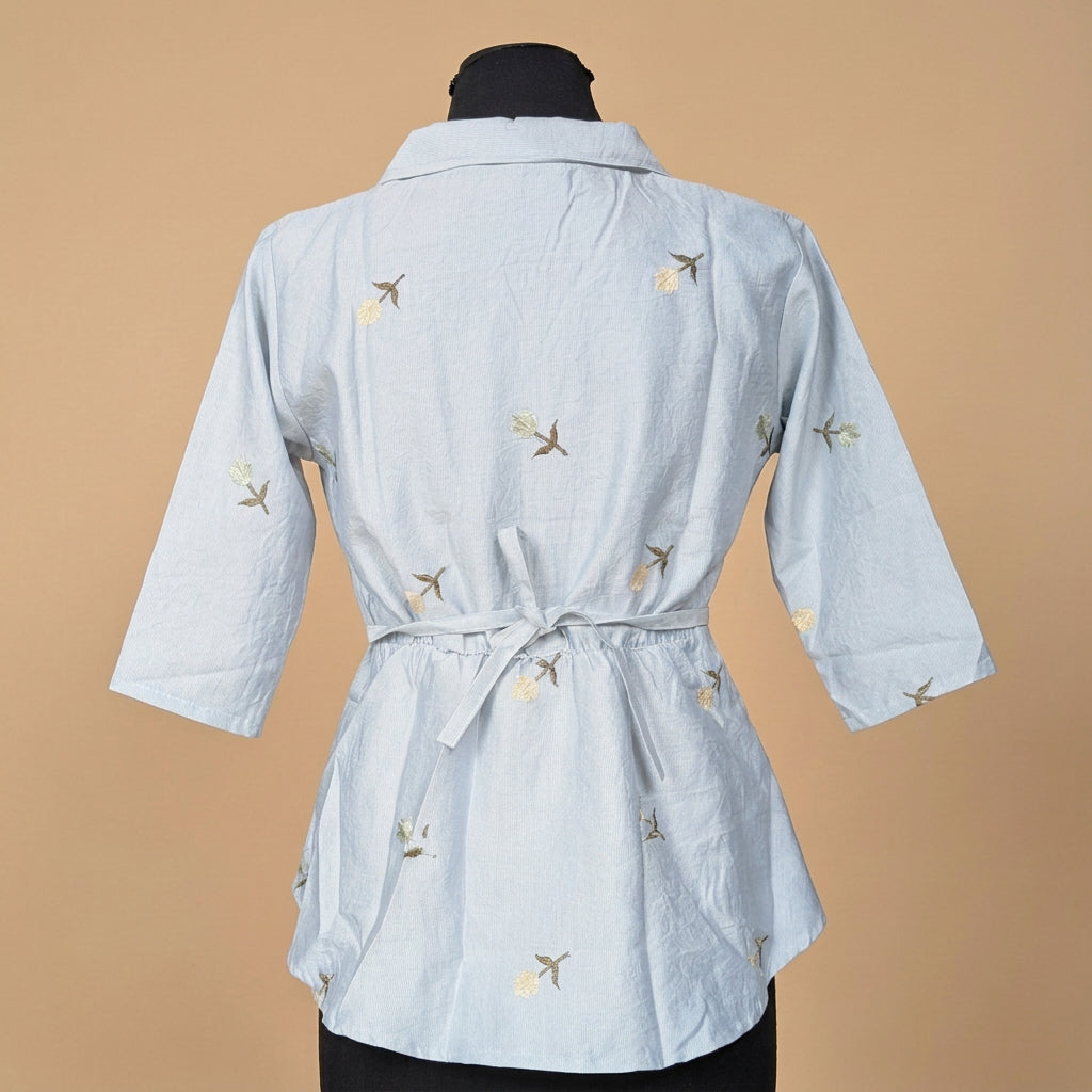 Ice Blue Floral Embroidered Peplum Top