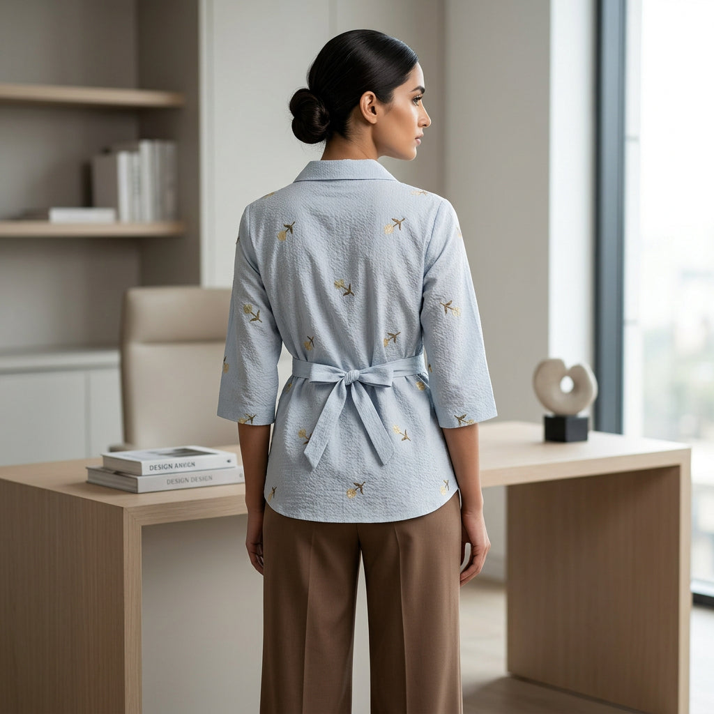 Ice Blue Floral Embroidered Peplum Top