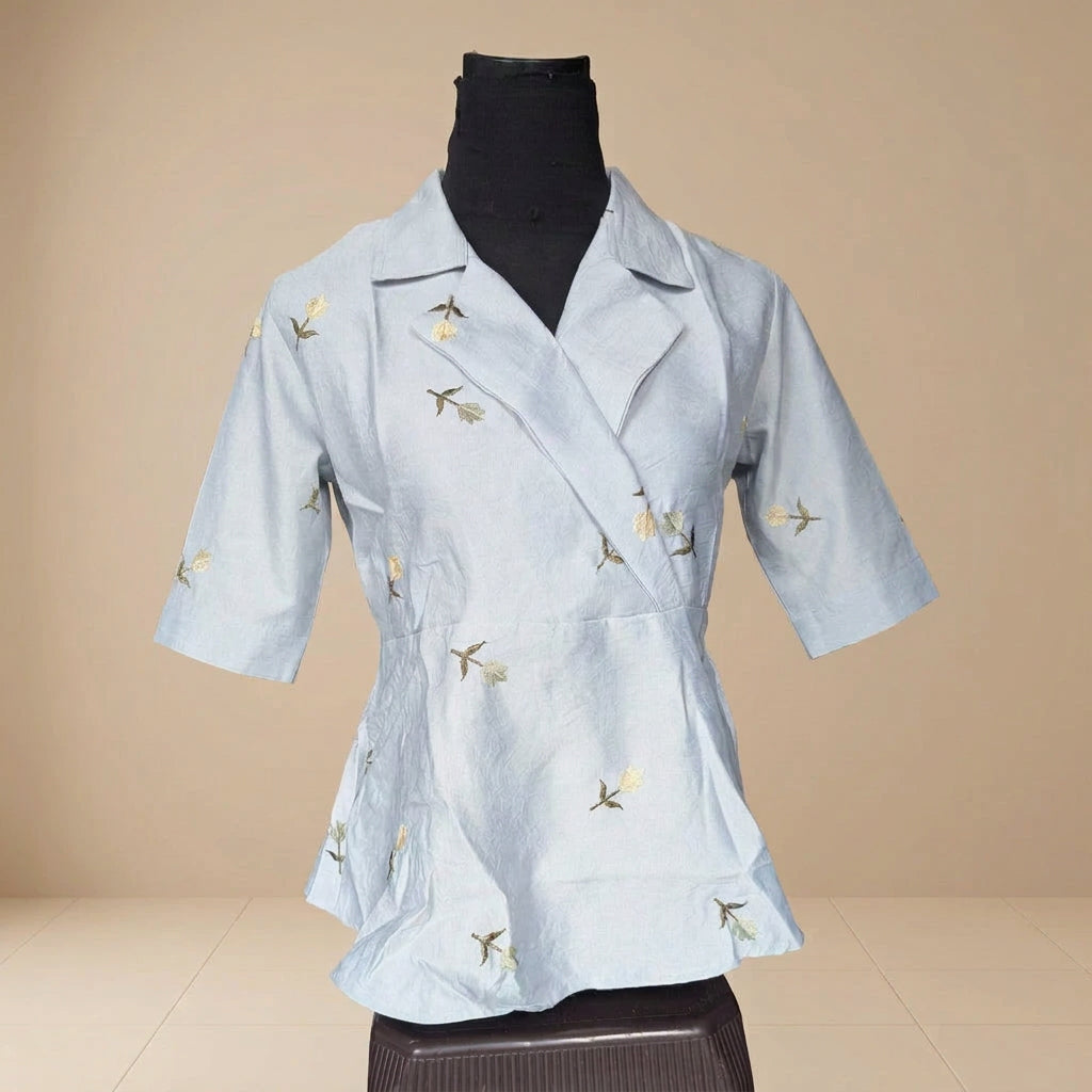 Ice Blue Floral Embroidered Peplum Top