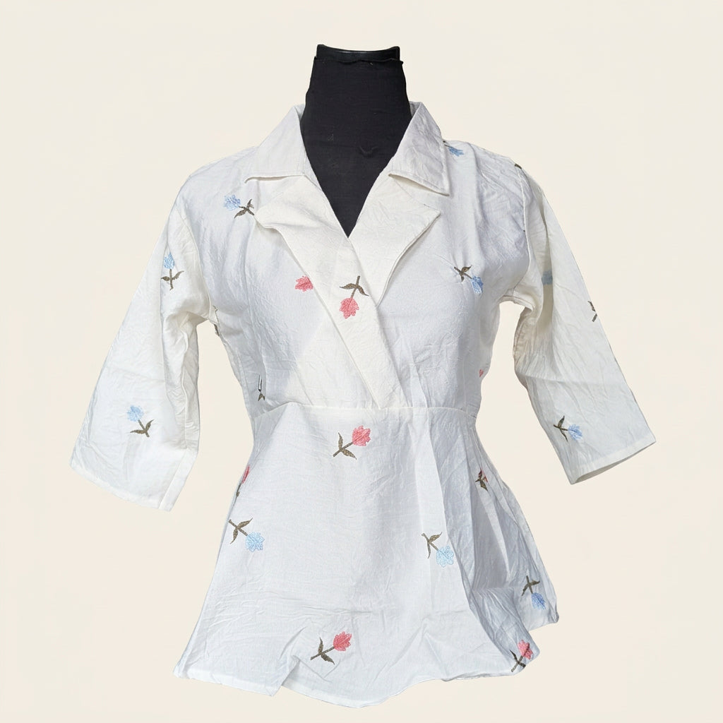 Ivory Floral Embroidered Peplum Top
