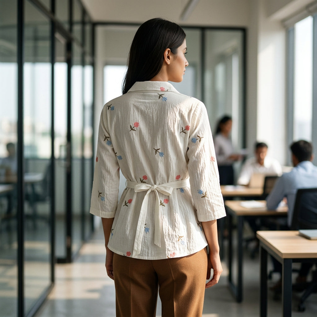 Ivory Floral Embroidered Peplum Top