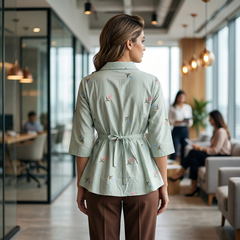 Mint Green Floral Embroidered Peplum Top