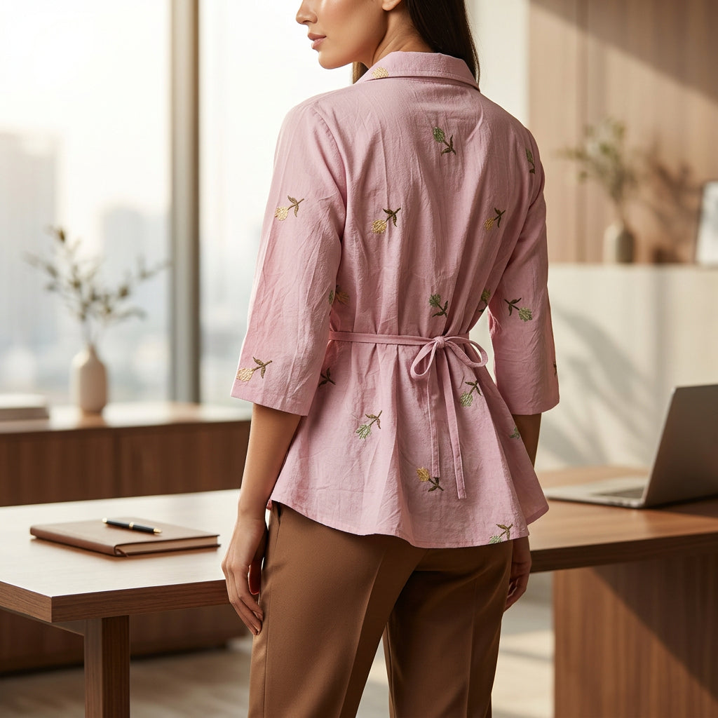 Pink Floral Embroidered Peplum Top