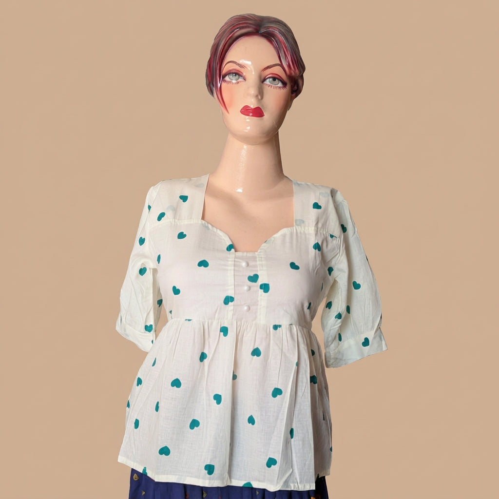 Heart Print Square Neck Peplum Top-Teal