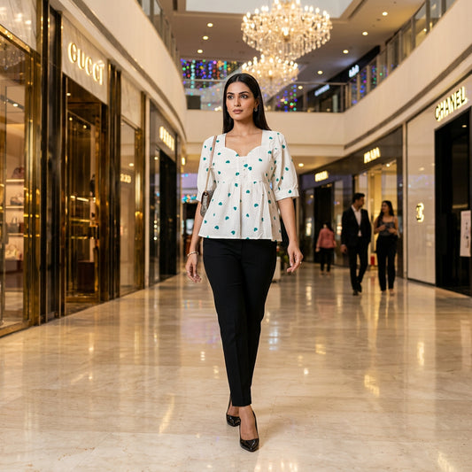 Heart Print Square Neck Peplum Top-Teal
