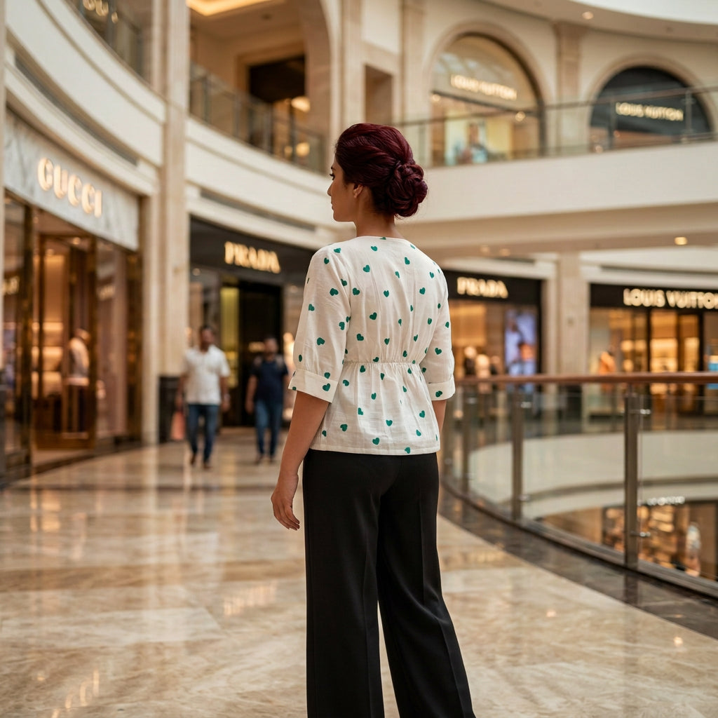 Heart Print Square Neck Peplum Top-Teal