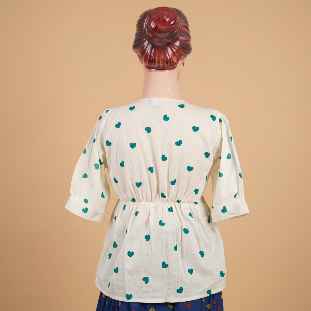 Heart Print Square Neck Peplum Top-Teal