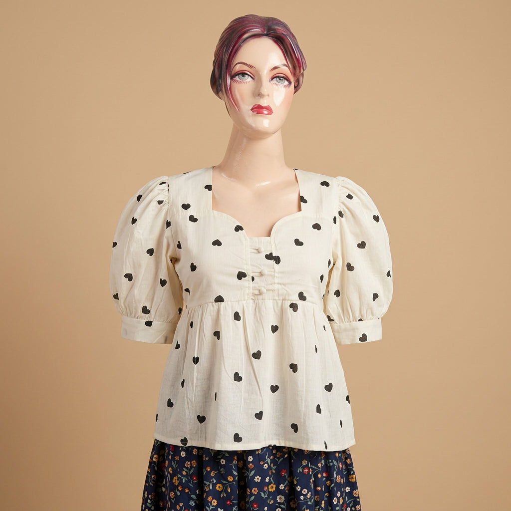 Heart Print Square Neck Peplum Top-Black