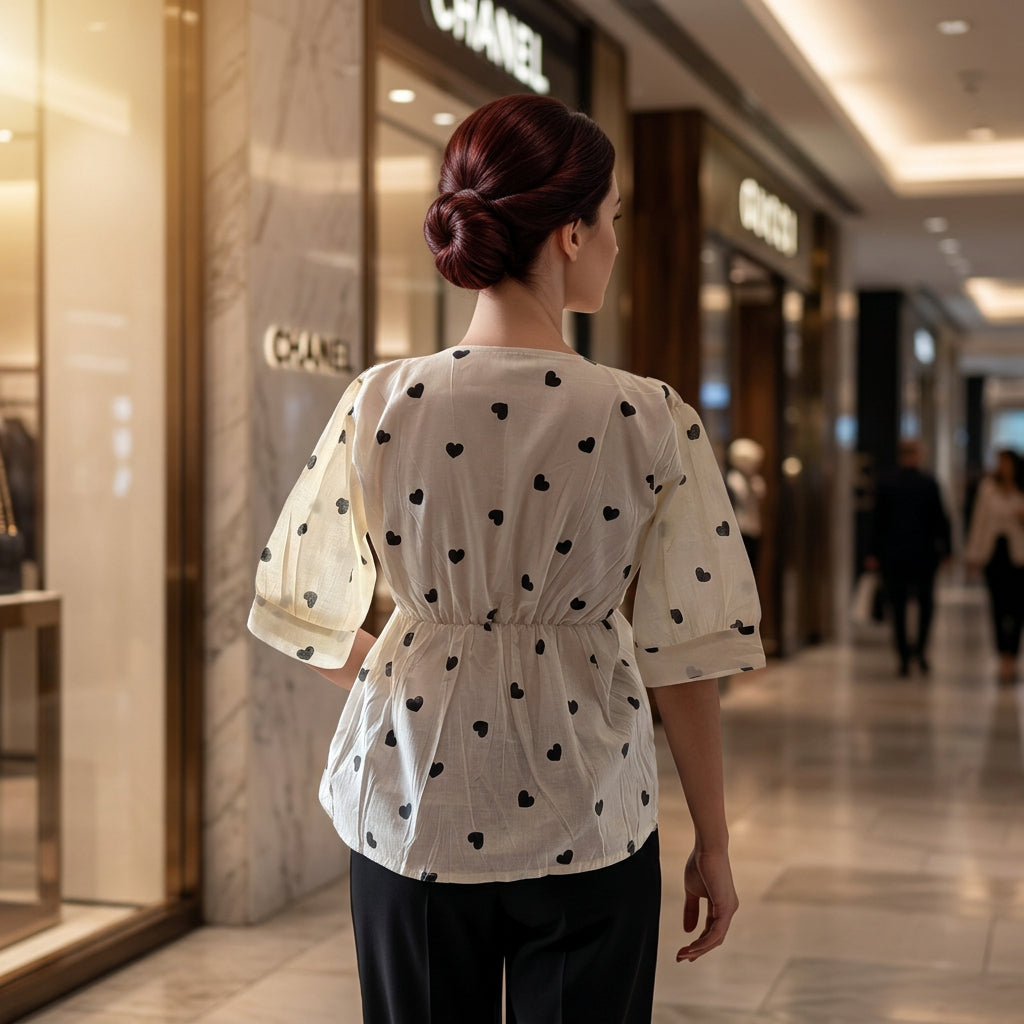 Heart Print Square Neck Peplum Top-Black