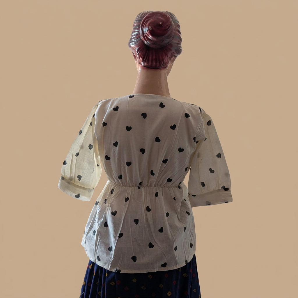 Heart Print Square Neck Peplum Top-Black