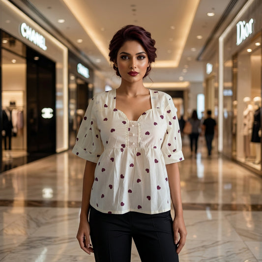 Heart Print Square Neck Peplum Top-Wine