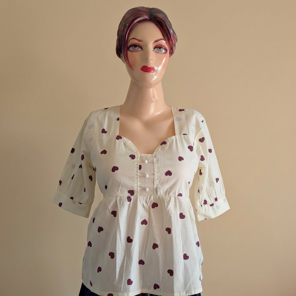 Heart Print Square Neck Peplum Top-Wine