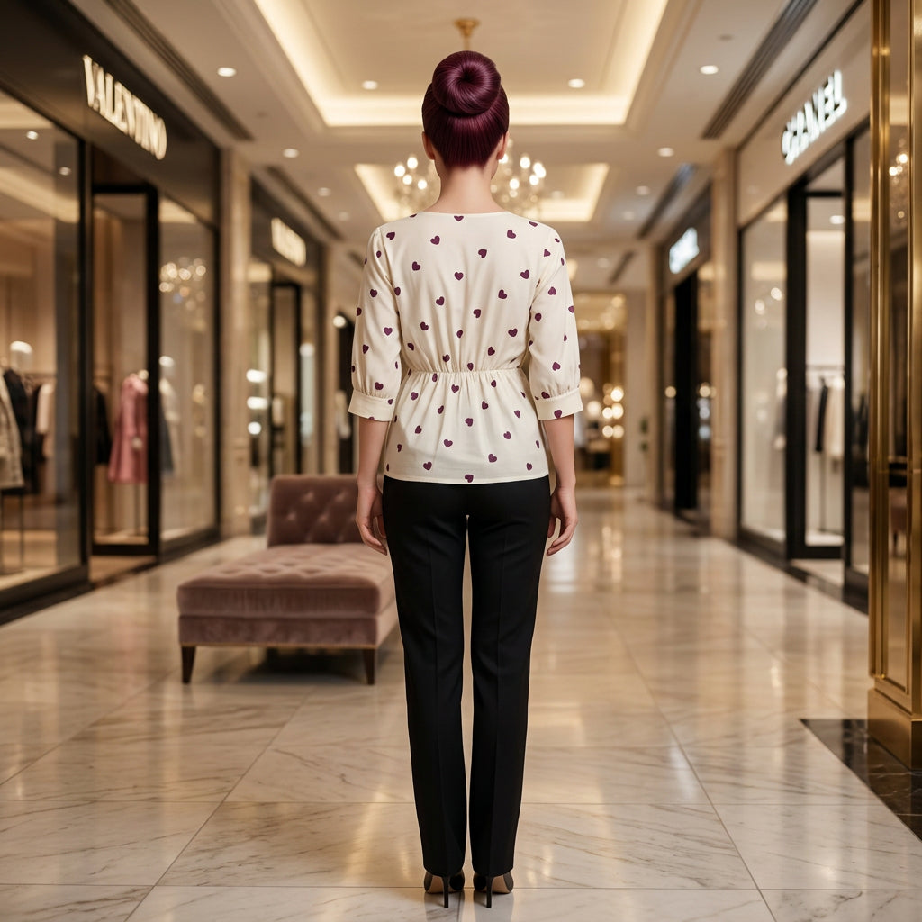 Heart Print Square Neck Peplum Top-Wine