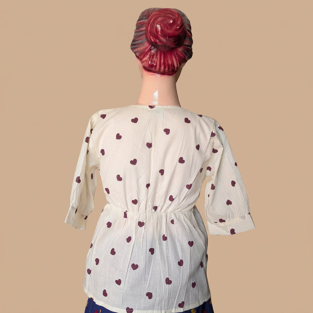 Heart Print Square Neck Peplum Top-Wine