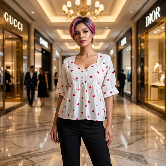 Heart Print Square Neck Peplum Top-Red