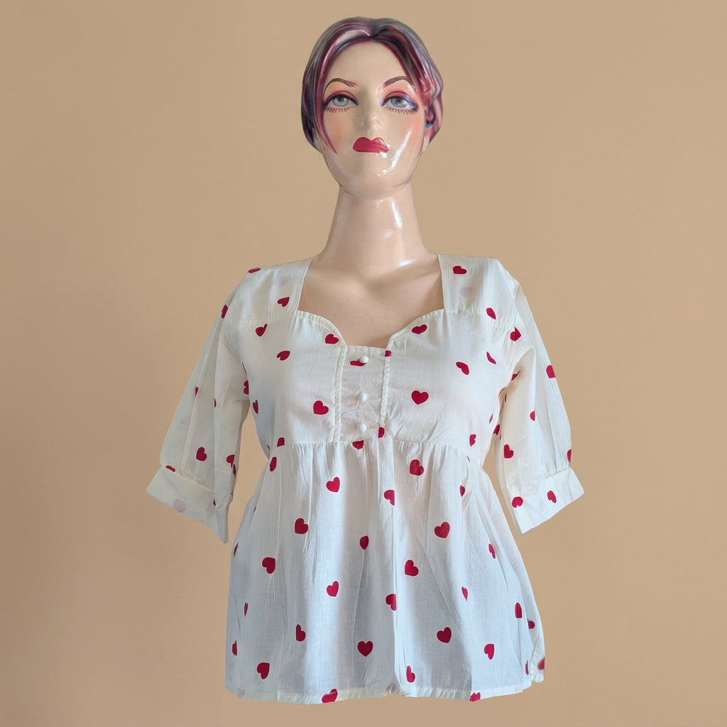 Heart Print Square Neck Peplum Top-Red