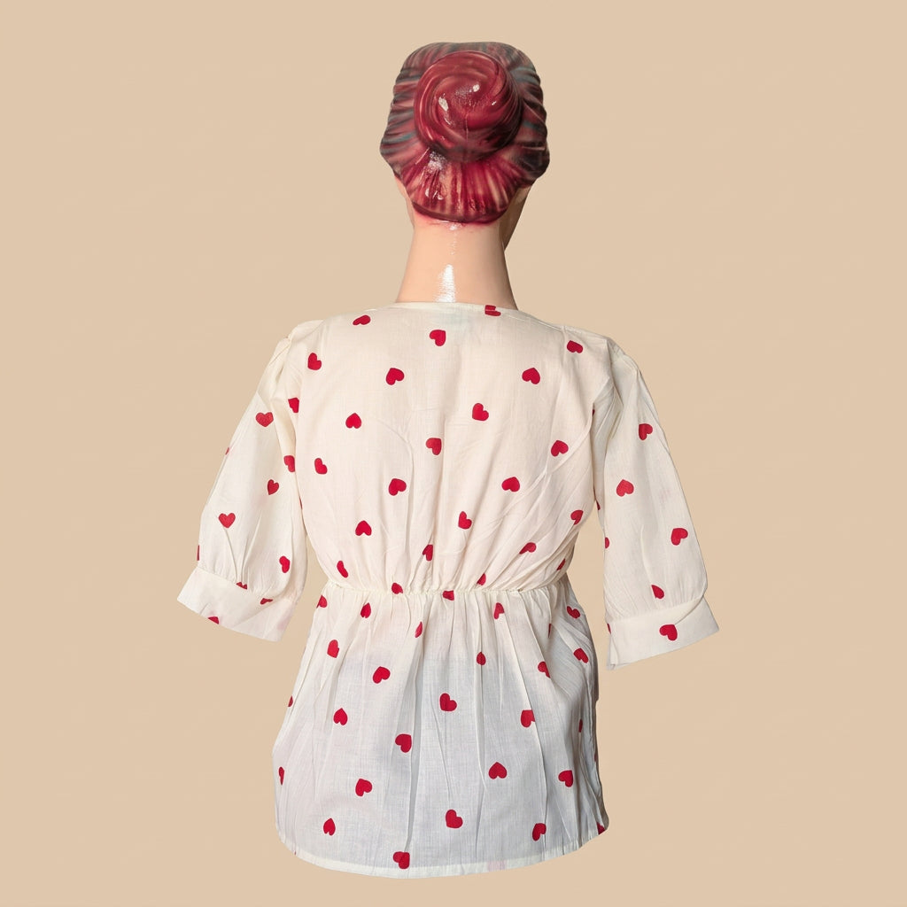 Heart Print Square Neck Peplum Top-Red