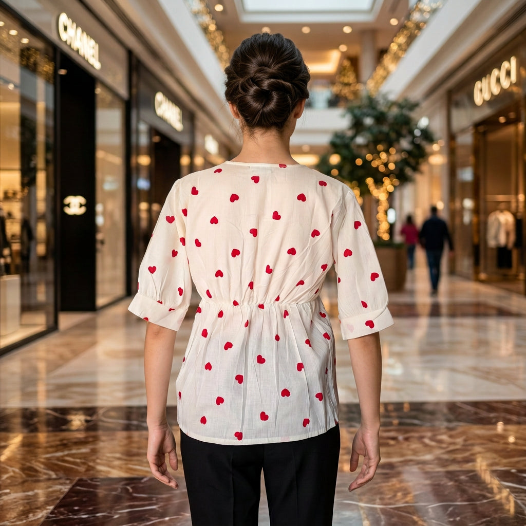 Heart Print Square Neck Peplum Top-Red